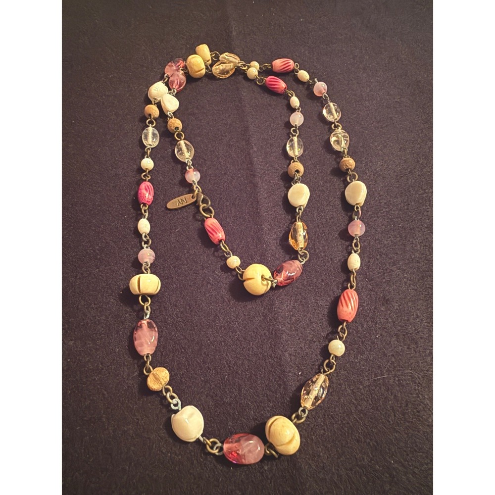 NY Beaded Station Necklace Pink‎ Cream Gold Tone Long Layering Chain AK